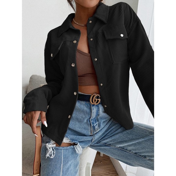 Flap Pocket Button Front Corduroy Jacket boyfriend shacket cream - Picture 4 of 13